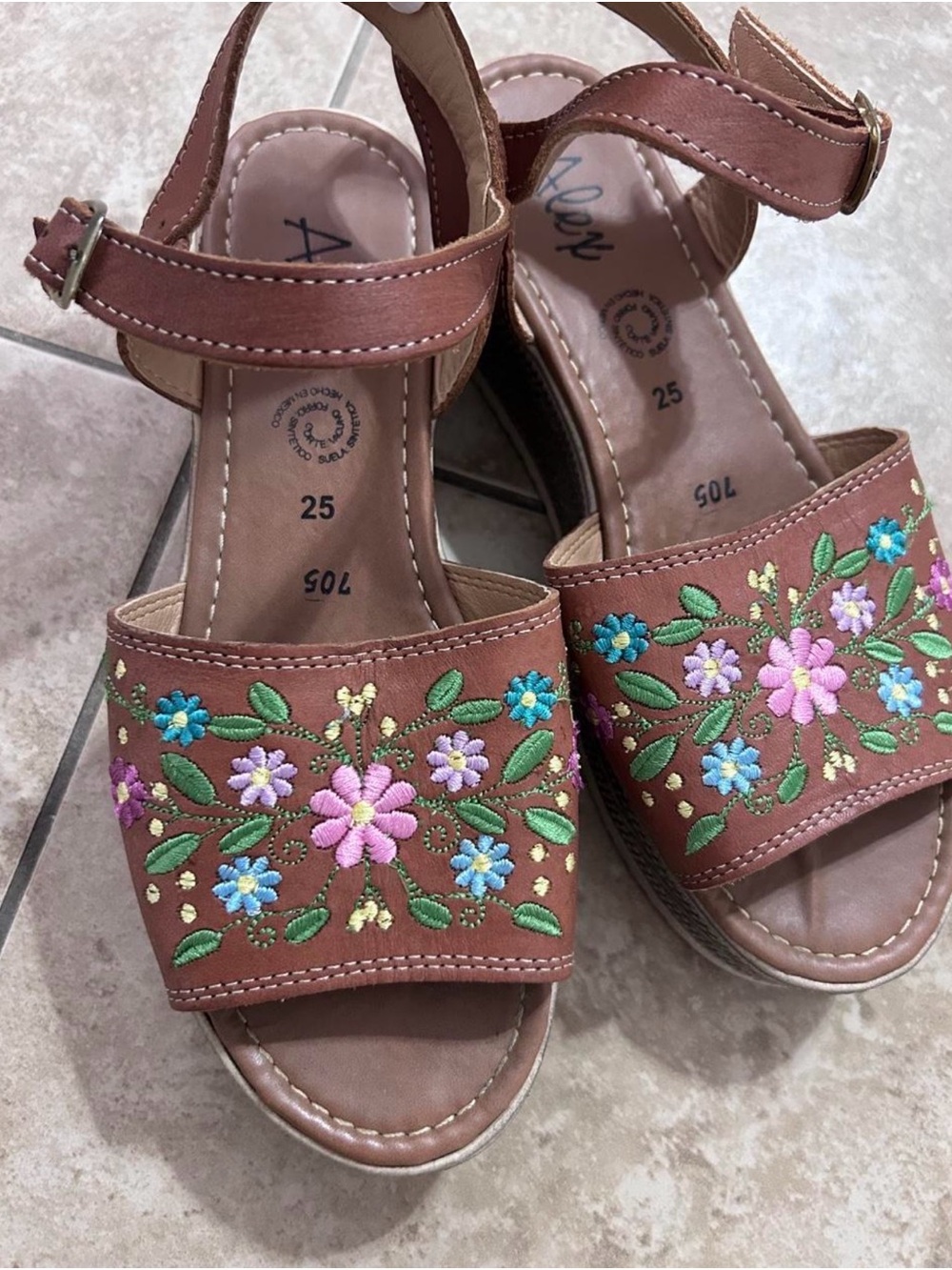 Embroidered Brown Floral Women’s Sandals with Ankle Strap
